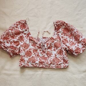 Japna Orange/ Red and White Ruched Tie Front Crop Blouse